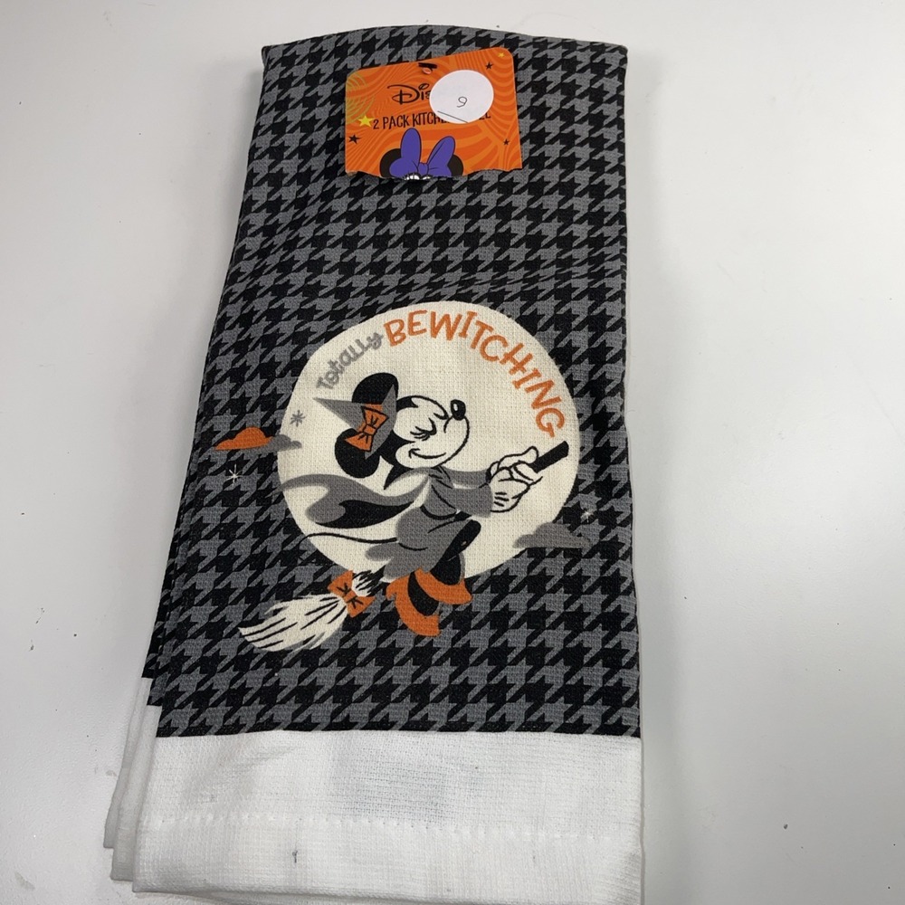 Disney Mickey & Minnie Mouse Set Of 2 Kitchen Dish Towels Halloween Witch Gray